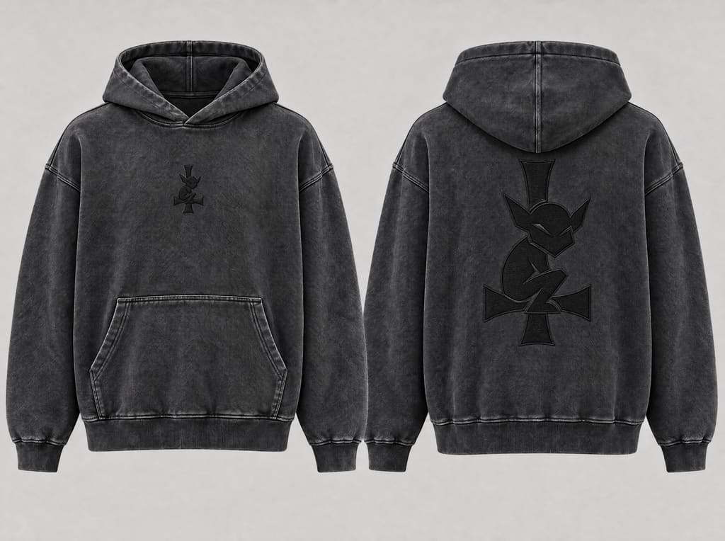 VIGIL 01 Heavy Hoodie: KI-Konzeptvisualisierung · vorne / hinten